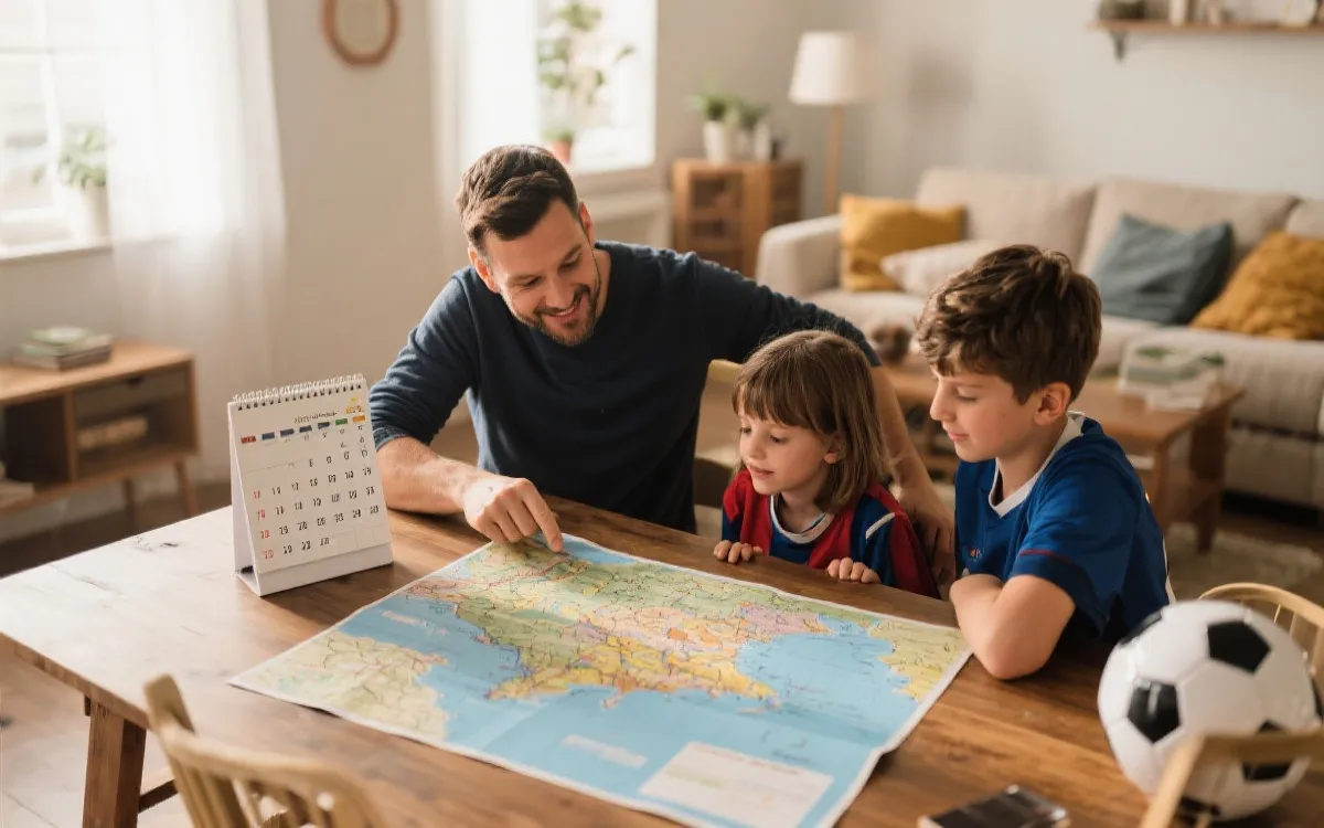 家庭球迷在客厅规划世界杯行程与预算，桌上有地图与笔记本