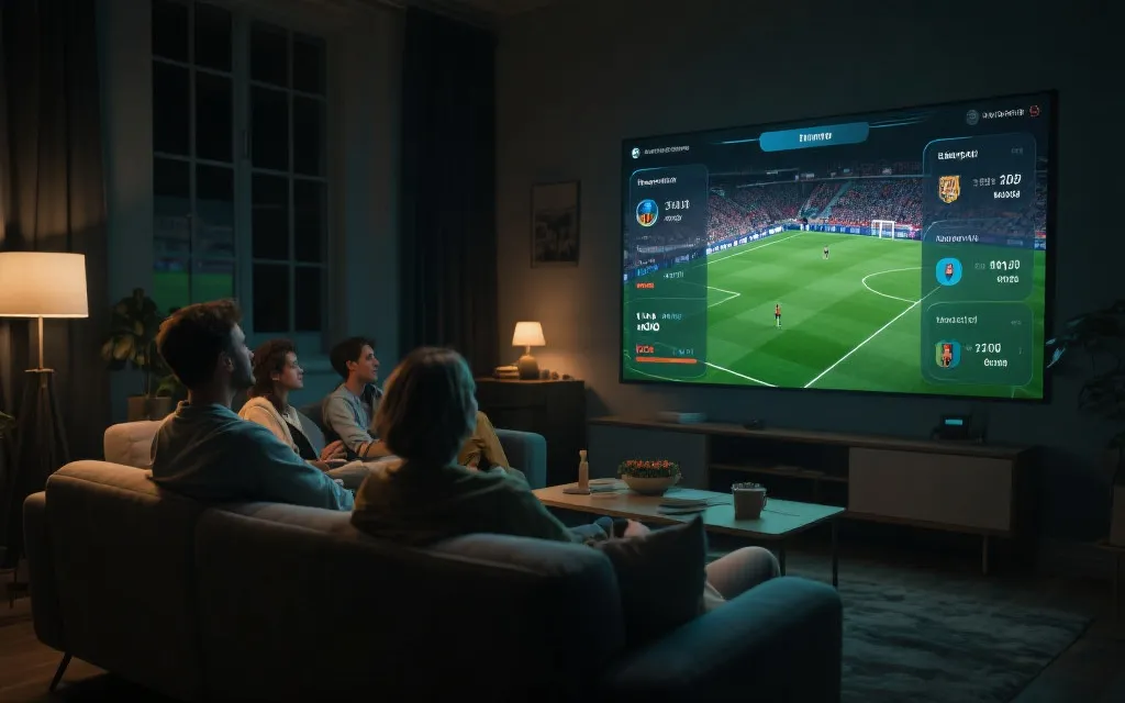 流媒体观看足球的客厅场景，屏幕上是数据与精彩集锦界面