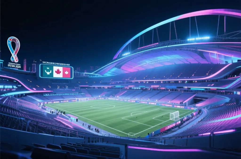 2026年世界杯宏伟的体育场全景,充满科技感与未来感